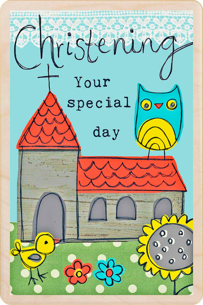 Wooden Christening card, artwork by Sarah Kelleher. Printed on sustainable wood in Suffolk since 2012.