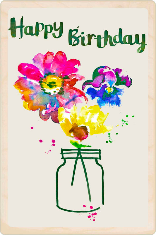 Birthday Card, Floral design by Sarah Kelleher, printed on sustainable wood by The Wooden Postcard Company