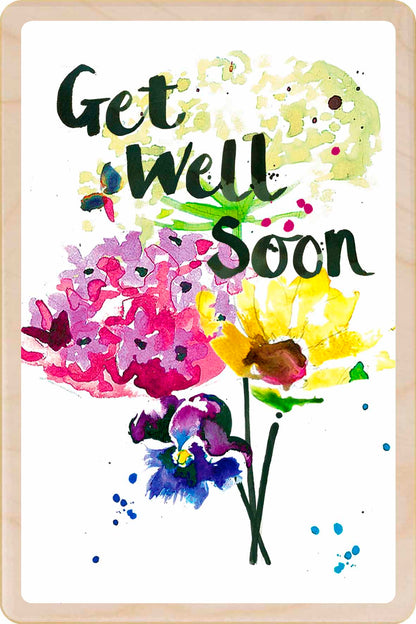 Get Well Soon - floral card to send love, support, or thoughtful wishes. Made in Suffolk from sustainable wood since 2012.