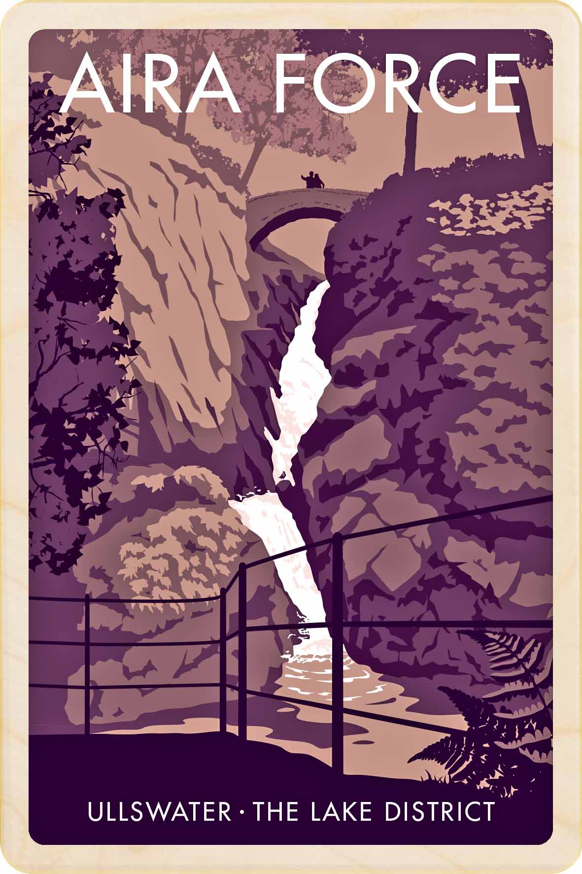 Aira Force in the Lake District - Original illustration by Stephen Millership, printed in Suffolk on sustainable wood. A durable and display-worthy postcard—ideal to send, gift or collect.