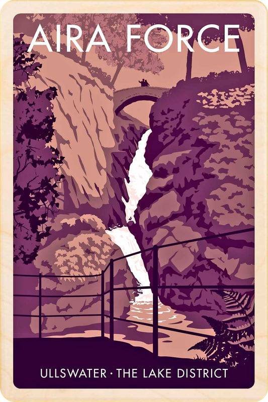 Aira Force in the Lake District - Original illustration by Stephen Millership, printed in Suffolk on sustainable wood. A durable and display-worthy postcard—ideal to send, gift or collect.