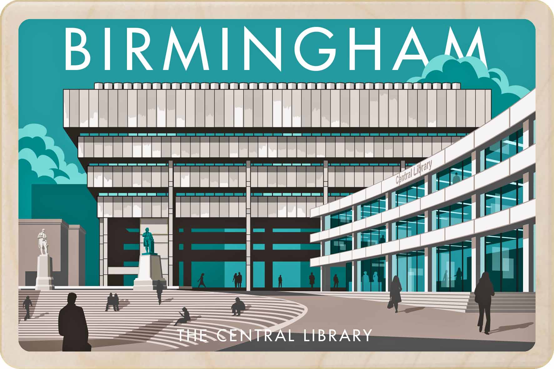 Birmingham Central Library - Original illustration&nbsp;by Stephen Millership, printed in Suffolk on sustainable wood. A durable and display-worthy postcard—ideal to send, gift or collect.