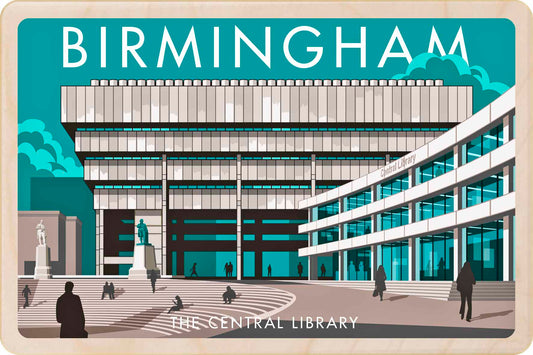 Birmingham Central Library - Original illustration&nbsp;by Stephen Millership, printed in Suffolk on sustainable wood. A durable and display-worthy postcard—ideal to send, gift or collect.