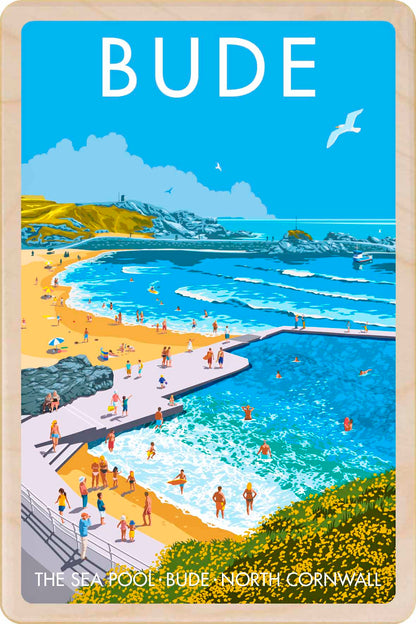 Bude in Cornwall - Wooden Postcard featuring an original illustration