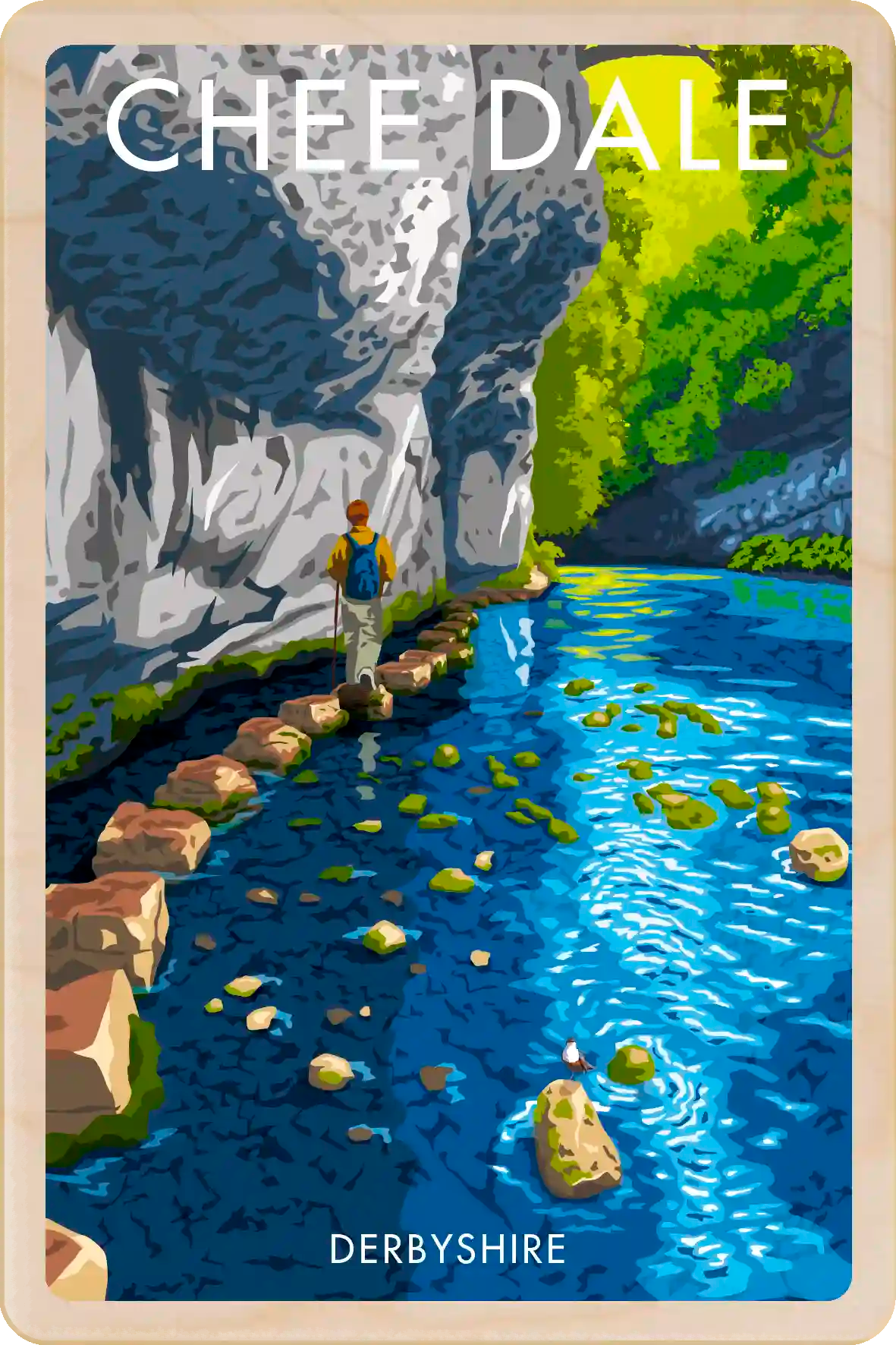 Chee Dale, Derbyshire: Original illustration by Stephen Millership, printed in Suffolk on sustainable wood. The Wooden Postcard Company