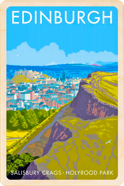 Edinburgh, Scotland - Original illustration by Stephen Millership, printed in Suffolk on sustainable wood. Wooden postcard to send, gift or collect. The Wooden Postcard Company