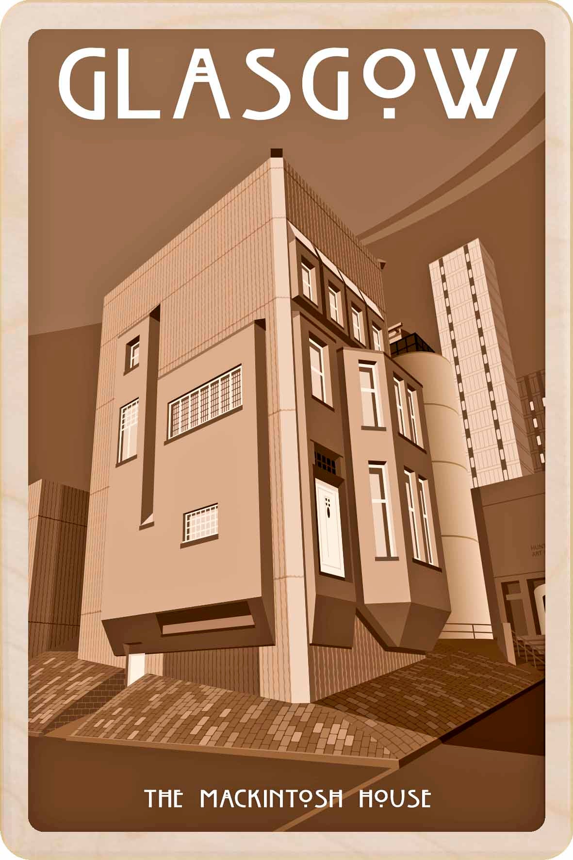 Mackintosh House in Glasgow, Scotland - Original&nbsp;illustration by Stephen Millership, printed in Suffolk on sustainable wood. A durable and display-worthy postcard—ideal to send, gift or collect.
