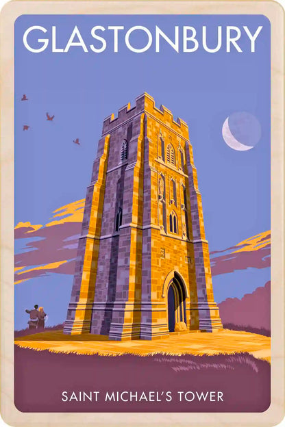 Glastonbury, Somerset. Original illustration by Stephen Millership. Eco friendly wooden postcard to send, gift or keep and display. The Wooden Postcard Company