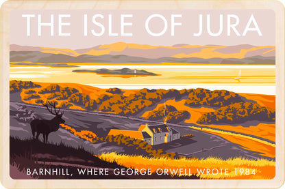 Barnhill on Jura, Scotland: where George Orwell wrote 1984 - Original&nbsp;illustration by Stephen Millership, printed in Suffolk on sustainable wood. A durable and display-worthy postcard—ideal to send, gift or collect.