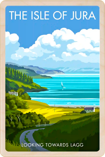 Looking towards Lagg, on Jura - Original llustration by Stephen Millership. The Wooden postcard Company