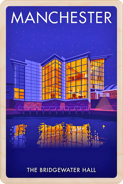 The Bridgewater Hall, Manchester - Original illustration by Stephen Millership, printed in Suffolk on sustainable wood. A durable and display-worthy postcard to send, gift or collect.
