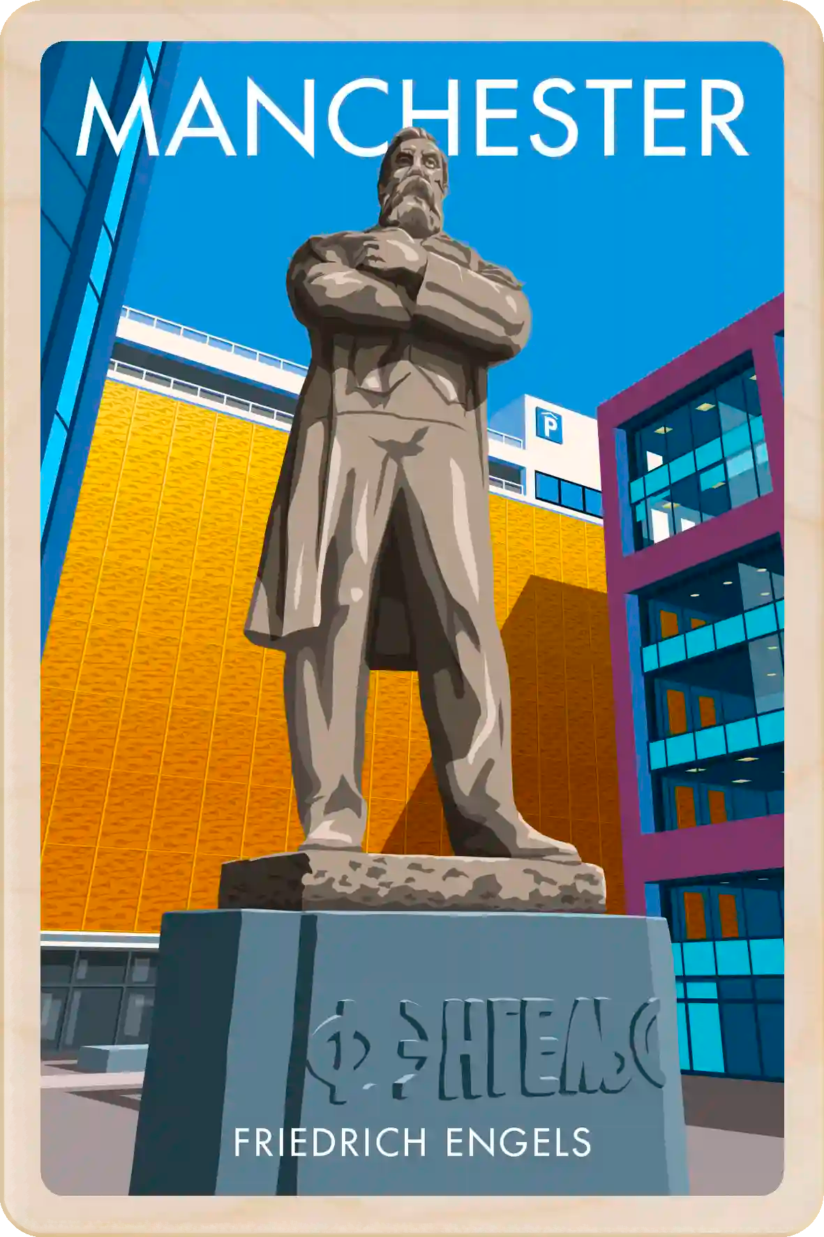 Manchester, Engels Statue - Original illustration by Stephen Millership, printed in Suffolk on sustainable wood. A durable and display-worthy postcard to send, gift or collect.