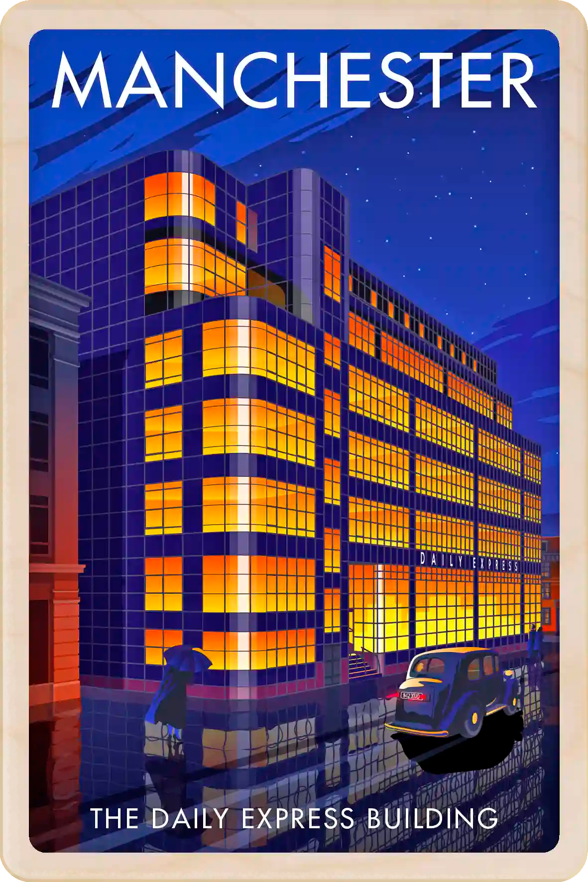 Manchester, The Daily Express&nbsp; Building - Original illustration by Stephen Millership, printed in Suffolk on sustainable wood. A durable and display-worthy postcard to send, gift or collect.