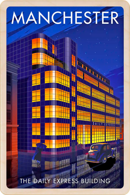 Manchester, The Daily Express&nbsp; Building - Original illustration by Stephen Millership, printed in Suffolk on sustainable wood. A durable and display-worthy postcard to send, gift or collect.