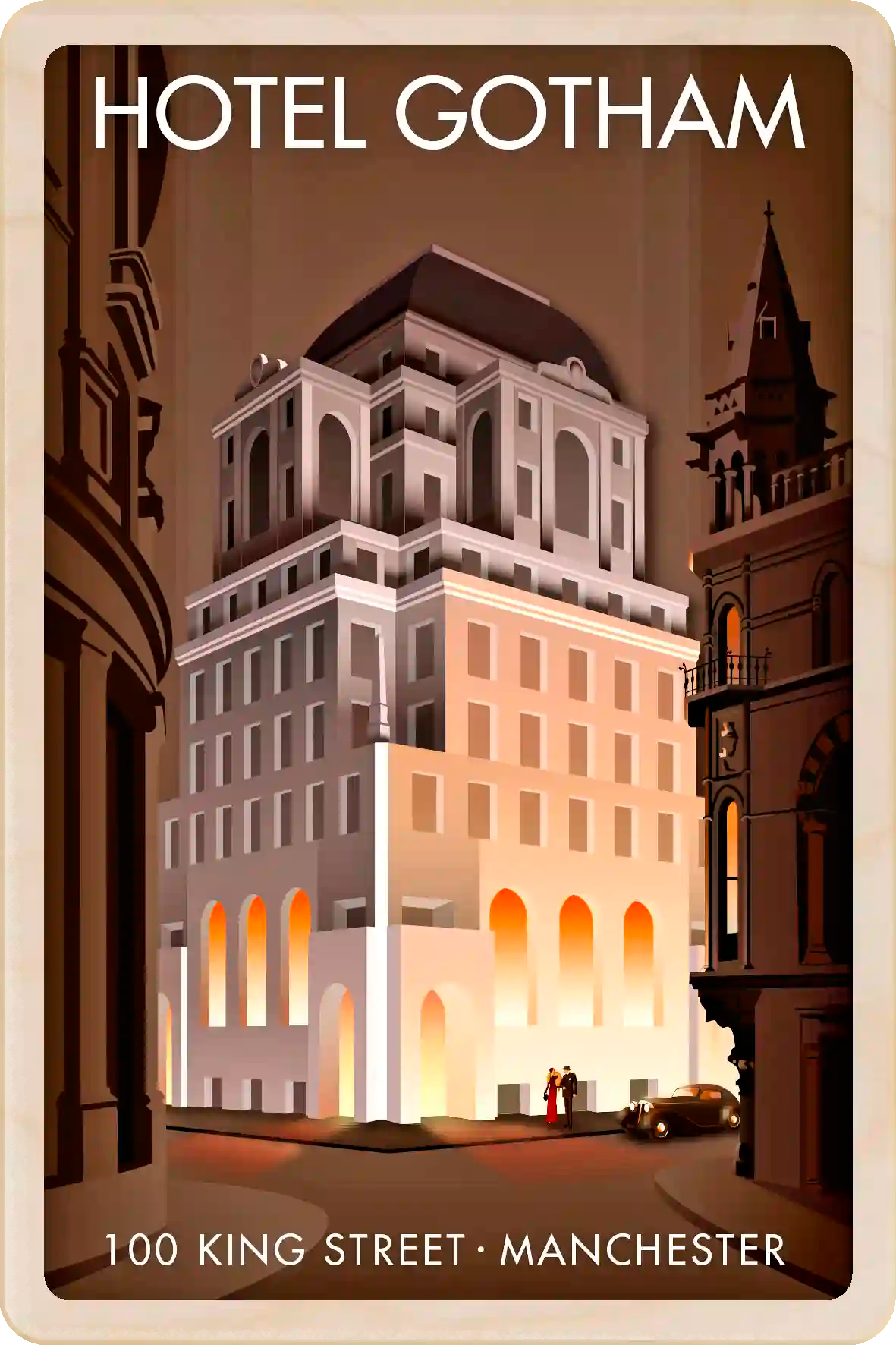 Hotel Gotham, King Street, Manchester - Original illustration by Stephen Millership, printed in Suffolk on sustainable wood. A durable and display-worthy postcard to send, gift or collect.