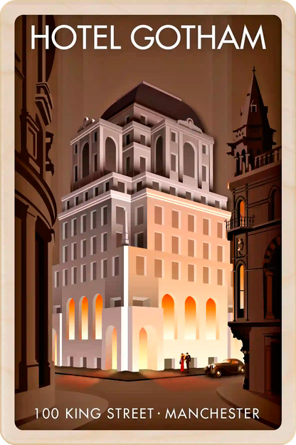 Hotel Gotham, King Street, Manchester - Original illustration by Stephen Millership, printed in Suffolk on sustainable wood. A durable and display-worthy postcard to send, gift or collect.