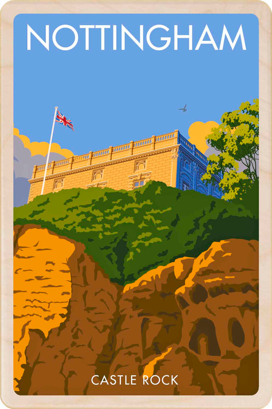 Nottingham, Castle Rock - Wooden Postcard - Original illustration by Stephen Millership, printed in Suffolk on sustainable wood. A durable and display-worthy postcard—ideal to send, gift or collect.Illustration of Nottingham Castle Rock with a blue sky and British flag.