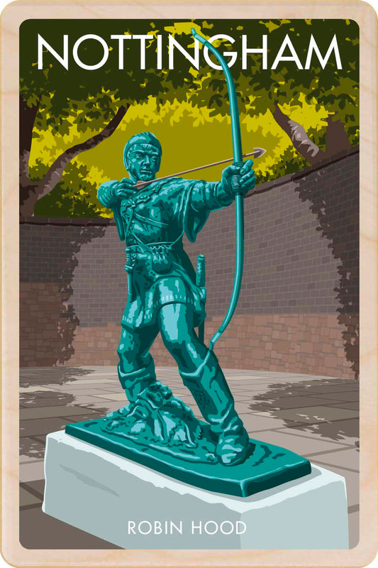 Robin Hood, Nottingham - Original illustration by Stephen Millership, printed in Suffolk on sustainable wood. A durable and display-worthy postcard—ideal to send, gift or collect.