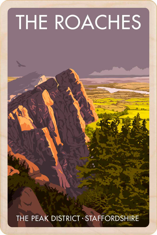 The Roaches, Staffordshire - Wooden postcard - Original illustration by Stephen Millership, printed in Suffolk on sustainable wood. A durable and display-worthy postcard—ideal to send, gift or collect. The Roaches in the Peak District, Staffordshire with mountains and landscape.