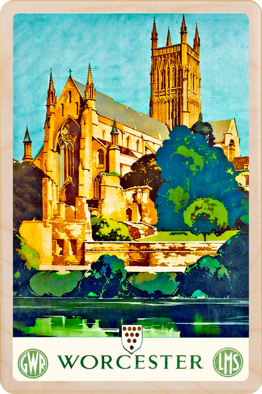 Worcester - Wooden Postcard featuring an original vintage travel poster from ©National Railway Museum / SCMG. Printed in high-quality colour on sustainably sourced wood. Ideal as a unique gift, keepsake, or souvenir.