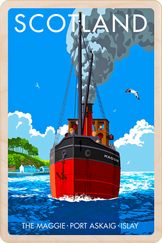Port Askaig, Islay - Original&nbsp;illustration by Stephen Millership, printed in Suffolk on sustainable wood. A durable and display-worthy postcard—ideal to send, gift or collect.