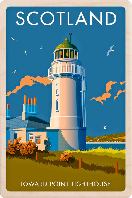 Toward Point Lighthouse, Scotland - Original illustration by Stephen Millership, printed in Suffolk on sustainable wood. A durable and display-worthy postcard—ideal to send, gift or collect.