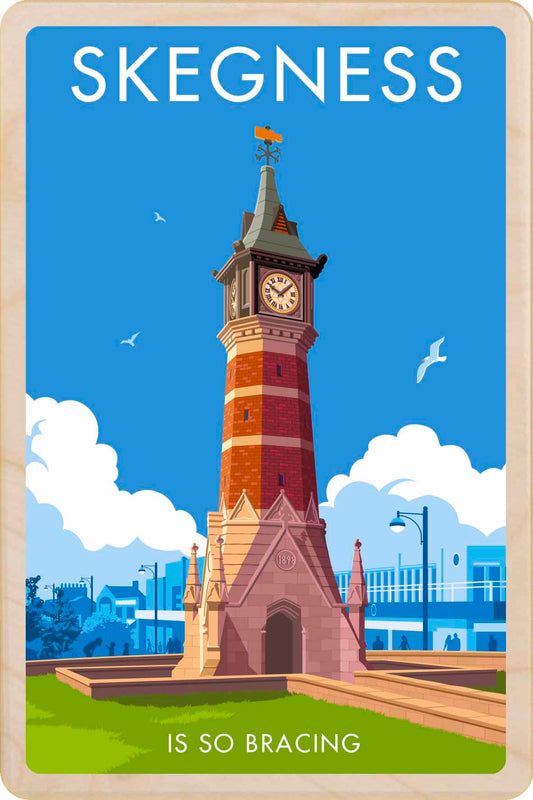 Illustration of a clock tower with 'Skegness is so bracing' text. Skegness, Lincolnshire – Wooden postcard - Original illustration by Stephen Millership, printed in Suffolk on sustainable wood. A durable and display-worthy postcard—ideal to send, gift or collect.
