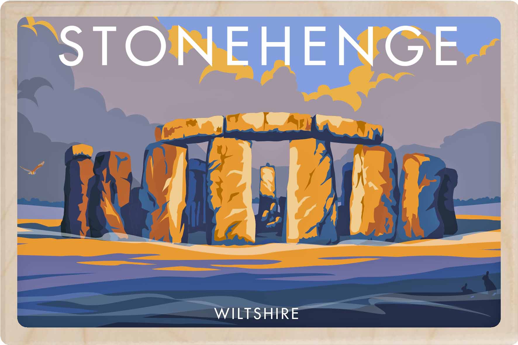 Stonehenge, Wiltshire - Original&nbsp;illustration by Stephen Millership, printed in Suffolk on sustainable wood. A durable and display-worthy postcard—ideal to send, gift or collect.