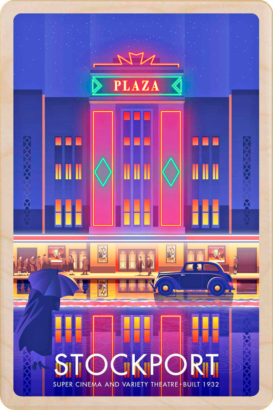 Stockford Plaza, Manchester - Original illustration by Stephen Millership, printed in Suffolk on sustainable wood. A durable and display-worthy postcard—ideal to send, gift or collect.