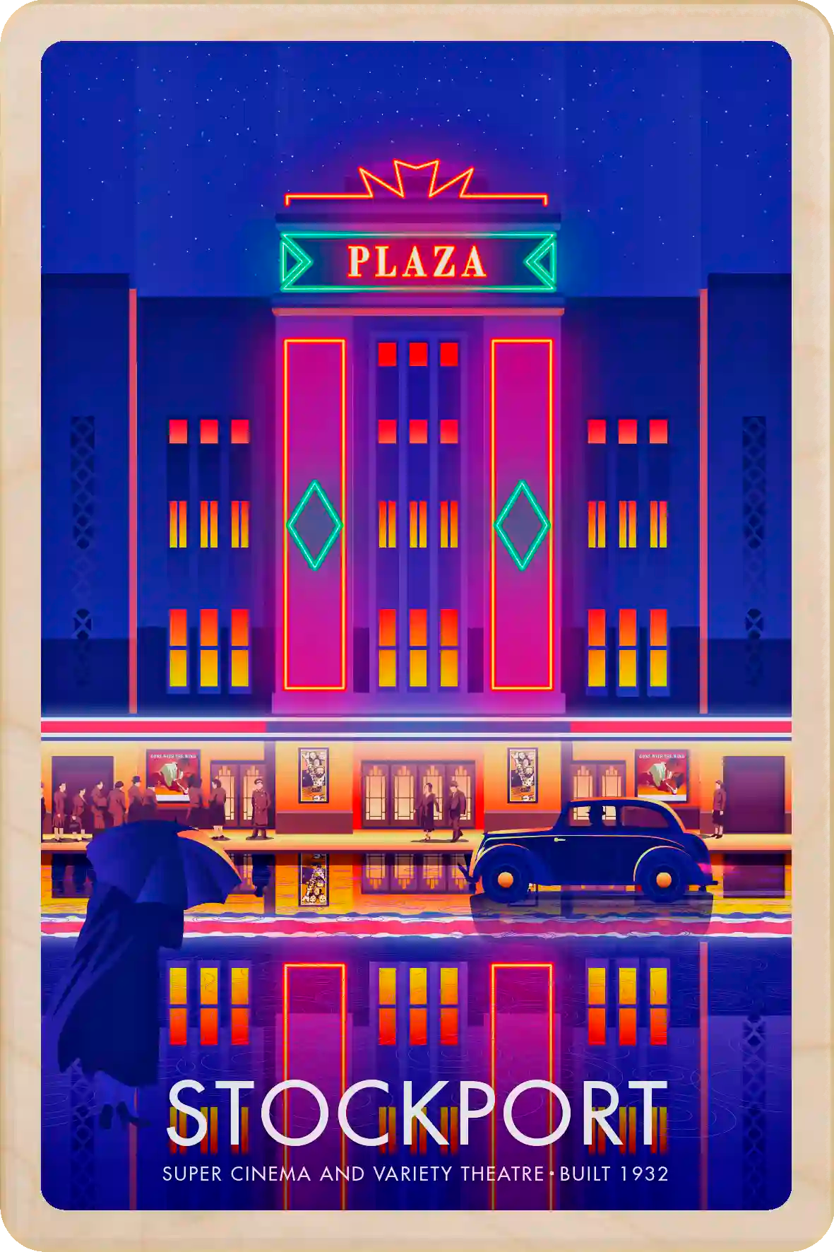 Stockford Plaza, Manchester - Original illustration by Stephen Millership, printed in Suffolk on sustainable wood. A durable and display-worthy postcard to send, gift or collect.