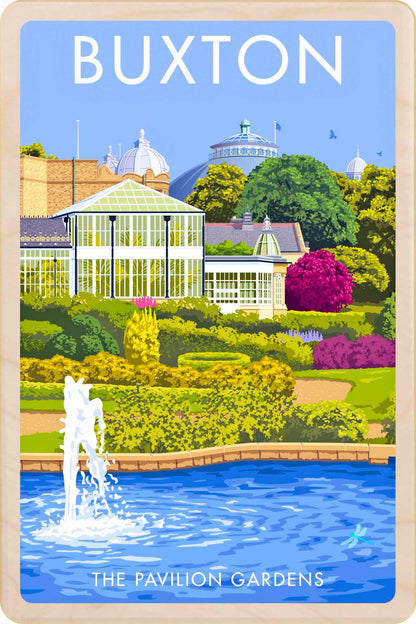 Buxton, the Pavillion Gardens - Original illustration by Stephen Millership, printed in Suffolk on sustainable wood. A durable and display-worthy postcard—ideal to send, gift or collect.