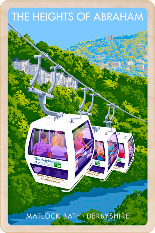 The Heights of Abraham, Matlock Bath, Derbyshire - Original illustration by Stephen Millership, printed in Suffolk on sustainable wood. An eco-friendly display-worthy postcard - ideal to send, gift or collect.