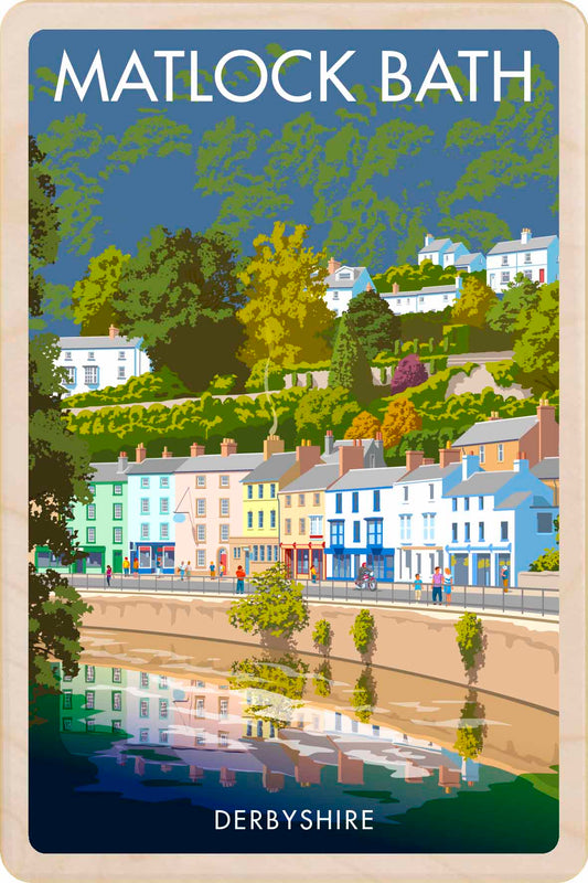 Matlock Bath, Derbyshire - Original illustration by Stephen Millership, printed in Suffolk on sustainable wood. An eco-friendly display-worthy postcard - ideal to send, gift or collect.