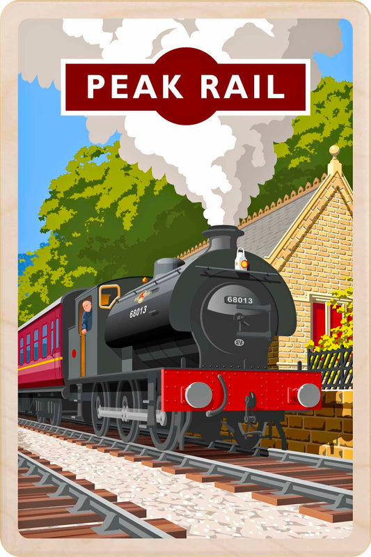 Peal Rail, Derbyshire - Original illustration by Stephen Millership, printed in Suffolk on sustainable wood. A durable, eco-friendly and display-worthy postcard—ideal to send, gift or collect.
