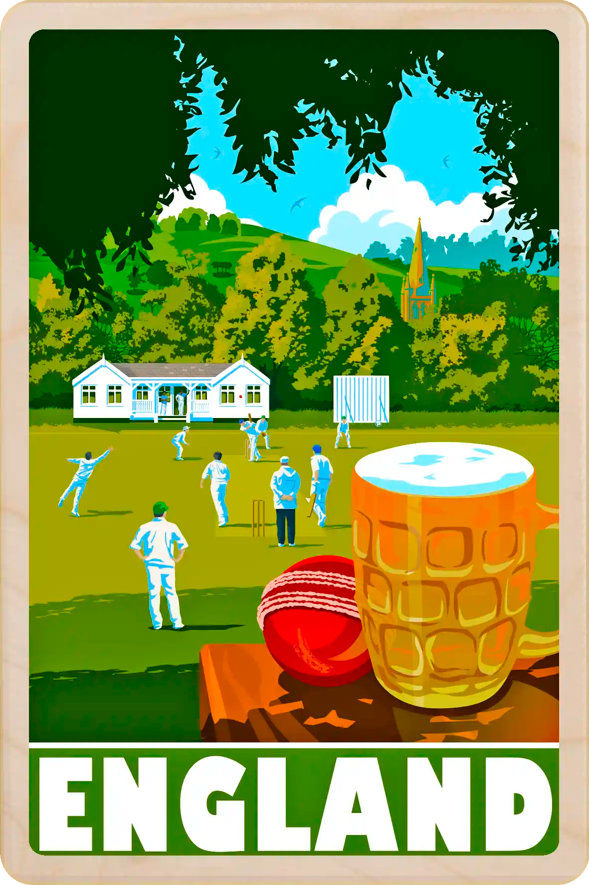 England - Original illustration by Stephen Millership, printed in Suffolk on sustainable wood. A durable and display-worthy postcard—ideal to send, gift or collect. The Wooden Postcard Company