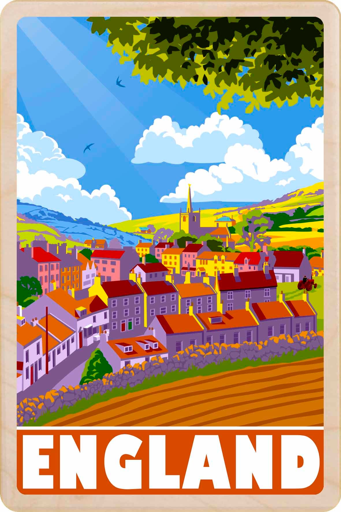 England - Wooden postcard, original illustration by Stephen Millership, printed in Suffolk on sustainable wood, a durable, eco-friendly and display-worthy card, ideal to send, gift or collect.