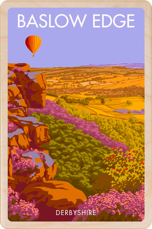 Baslow Edge, Derbyshire - Original illustration by Stephen Millership, printed in Suffolk on sustainable wood. A durable, eco-friendly and display-worthy card, ideal to send, gift or collect.