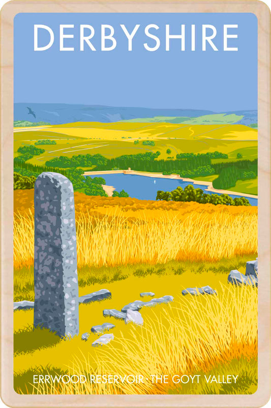 Derbyshire, Errwood Reservoir, The Goyt Valley - Original illustration by Stephen Millership, printed in Suffolk on sustainable wood. A durable, eco-friendly and display-worthy card, ideal to send, gift or collect.