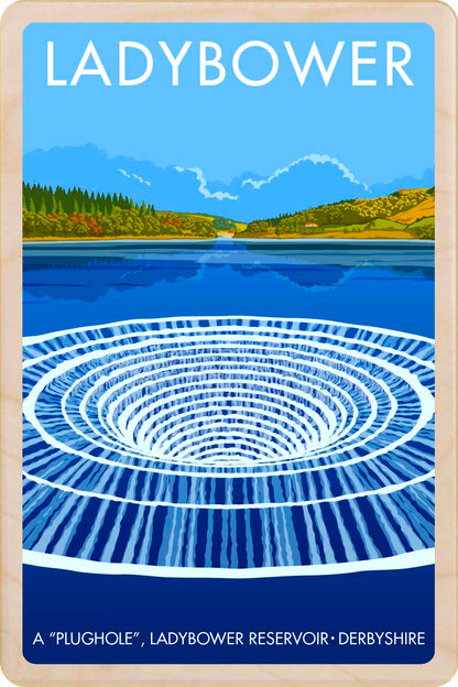 Derbyshire, Ladybower Reservoir - Original illustration by Stephen Millership, printed in Suffolk on sustainable wood. A durable, eco-friendly and display-worthy card, ideal to send, gift or collect.