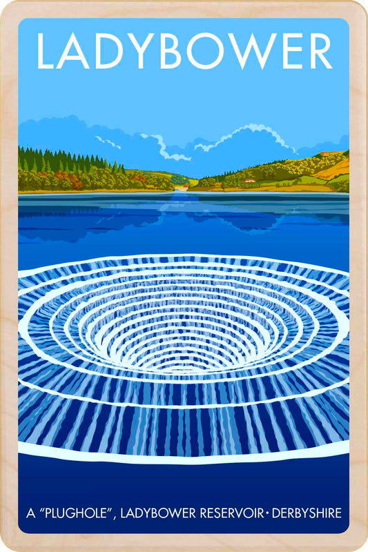 Derbyshire, Ladybower Reservoir - Original illustration by Stephen Millership, printed in Suffolk on sustainable wood. A durable, eco-friendly and display-worthy card, ideal to send, gift or collect.