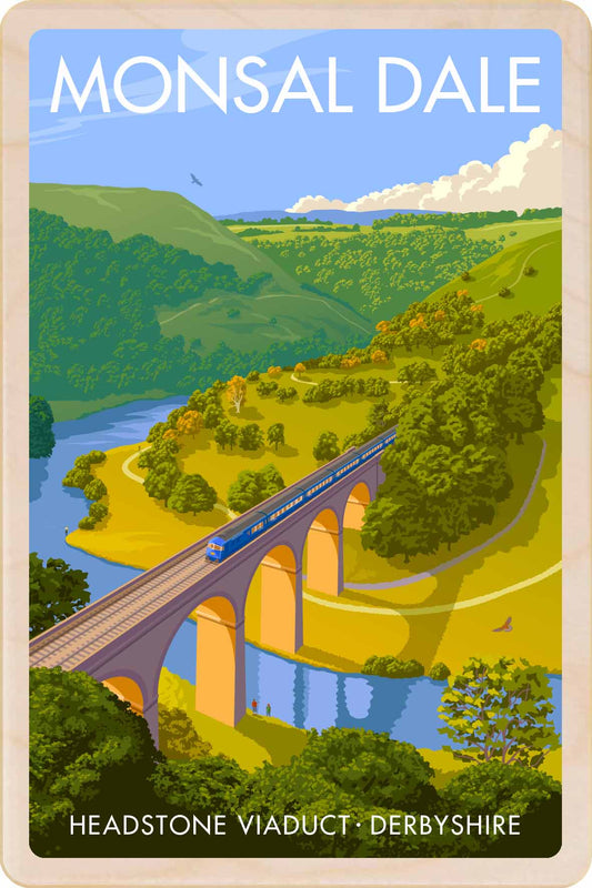 Monsal Vale in Derbyshire, the Headstone viaduct - Original illustration by Stephen Millership, printed in Suffolk on sustainable wood. A durable, eco-friendly and display-worthy card, ideal to send, gift or collect. Vintage-style poster of Monsal Dale with a train on a viaduct over a river.