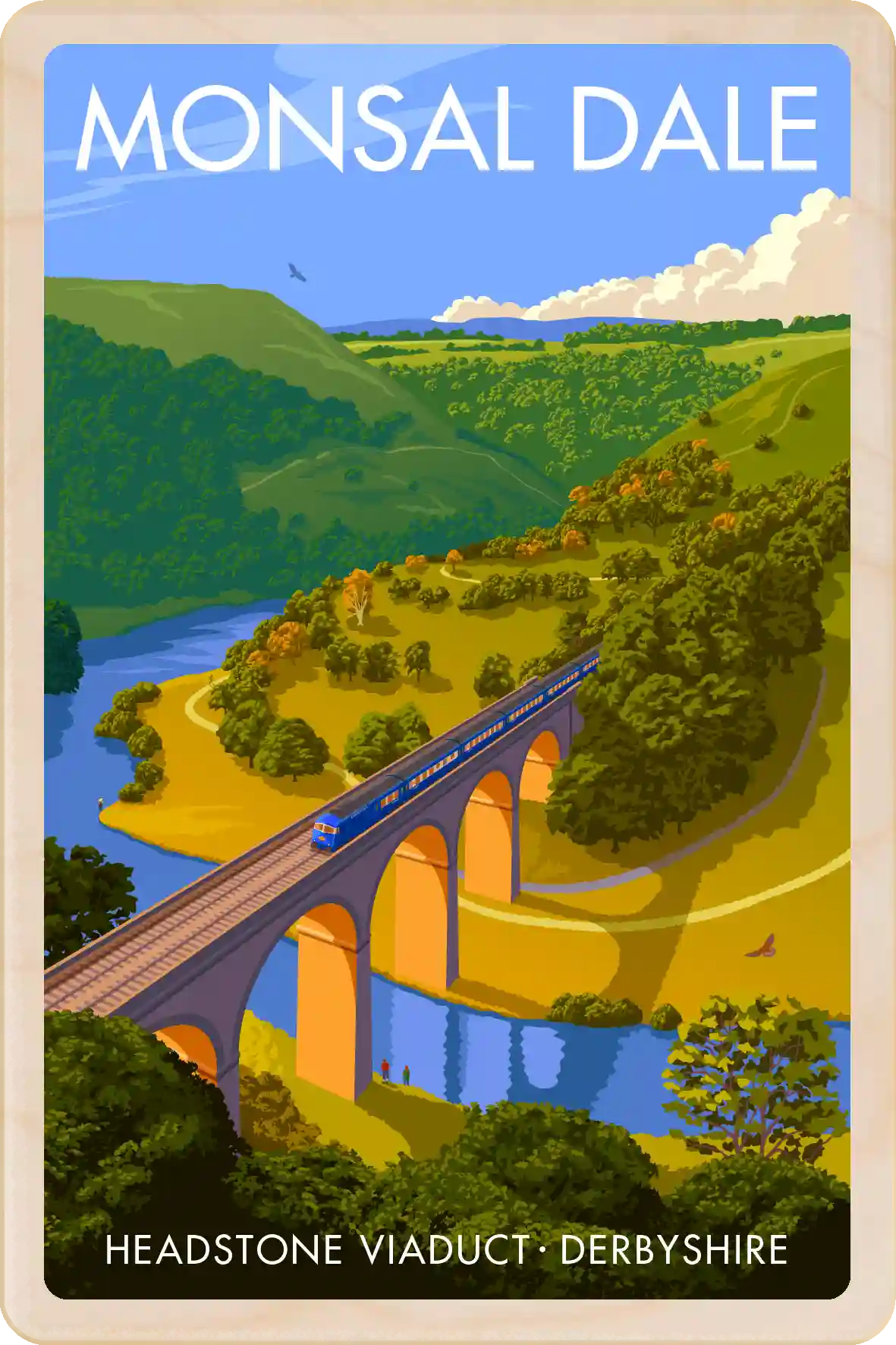 Monsal Dale in Derbyshire, the Headstone Viaduct: Original illustration by Stephen Millership .The Wooden Postcard Company