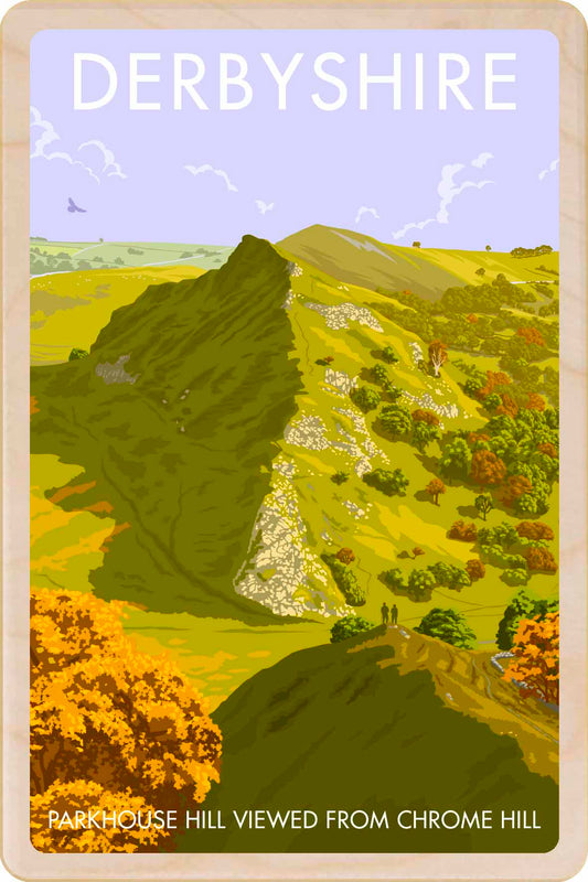 Derbyshire, Parkhouse Hill viewed from Chrome Hill - Original illustration by Stephen Millership, printed in Suffolk on sustainable wood. A durable, eco-friendly and display-worthy card, ideal to send, gift or collect.