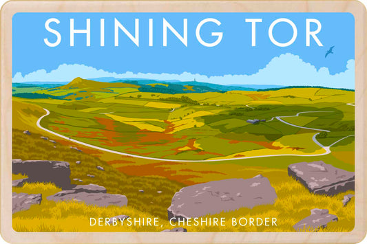 Shining Tor, Derbyshire Cheshire border - Original illustration by Stephen Millership, printed in Suffolk on sustainable wood. A durable, eco-friendly and display-worthy card, ideal to send, gift or collect.