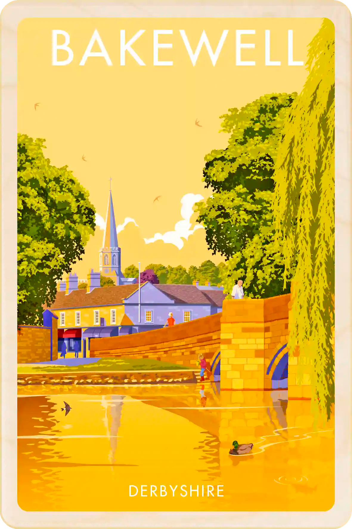 Bakewell, Derbyshire: Original illustration by Stephen Millership. The Wooden Postcard Company