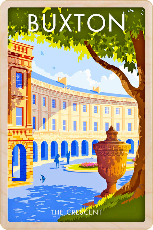 Buxton, The Crescent, Derbyshire - Original illustration by Stephen Millership, printed in Suffolk on sustainable wood. A durable and display-worthy postcard—ideal to send, gift or collect.