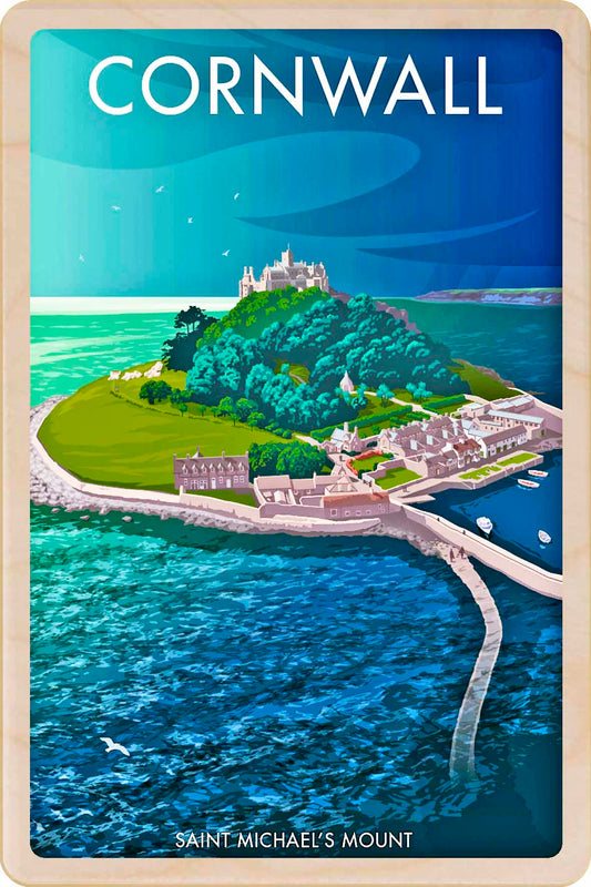 St Micheal's Mount, Cornwall - Original&nbsp;illustration by Stephen Millership, printed in Suffolk on sustainable wood. A durable and display-worthy postcard—ideal to send, gift or collect.