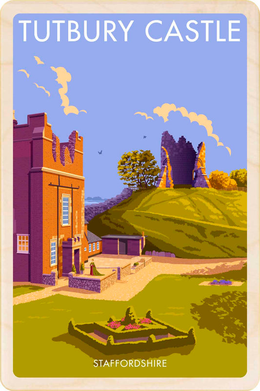 Tutbury Castle, Staffordshire -&nbsp; Original illustration by Stephen Millership, printed in Suffolk on sustainable wood. A durable and display-worthy postcard—ideal to send, gift or collect.