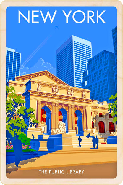New York, Public Library - Original&nbsp;illustration by Stephen Millership, printed in Suffolk on sustainable wood. A durable and display-worthy postcard—ideal to send, gift or collect.