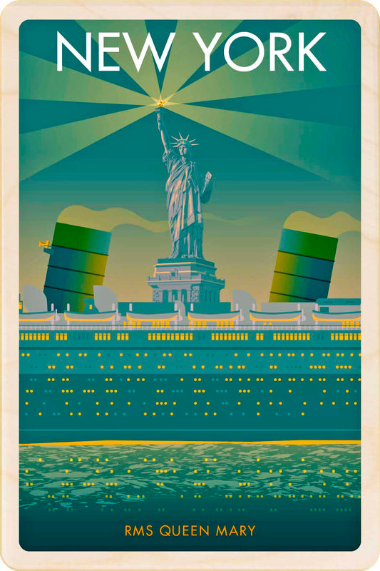 New York, The Statue of Liberty - Original illustration by Stephen Millership, printed in Suffolk on sustainable wood. A durable and display-worthy postcard—ideal to send, gift or collect.